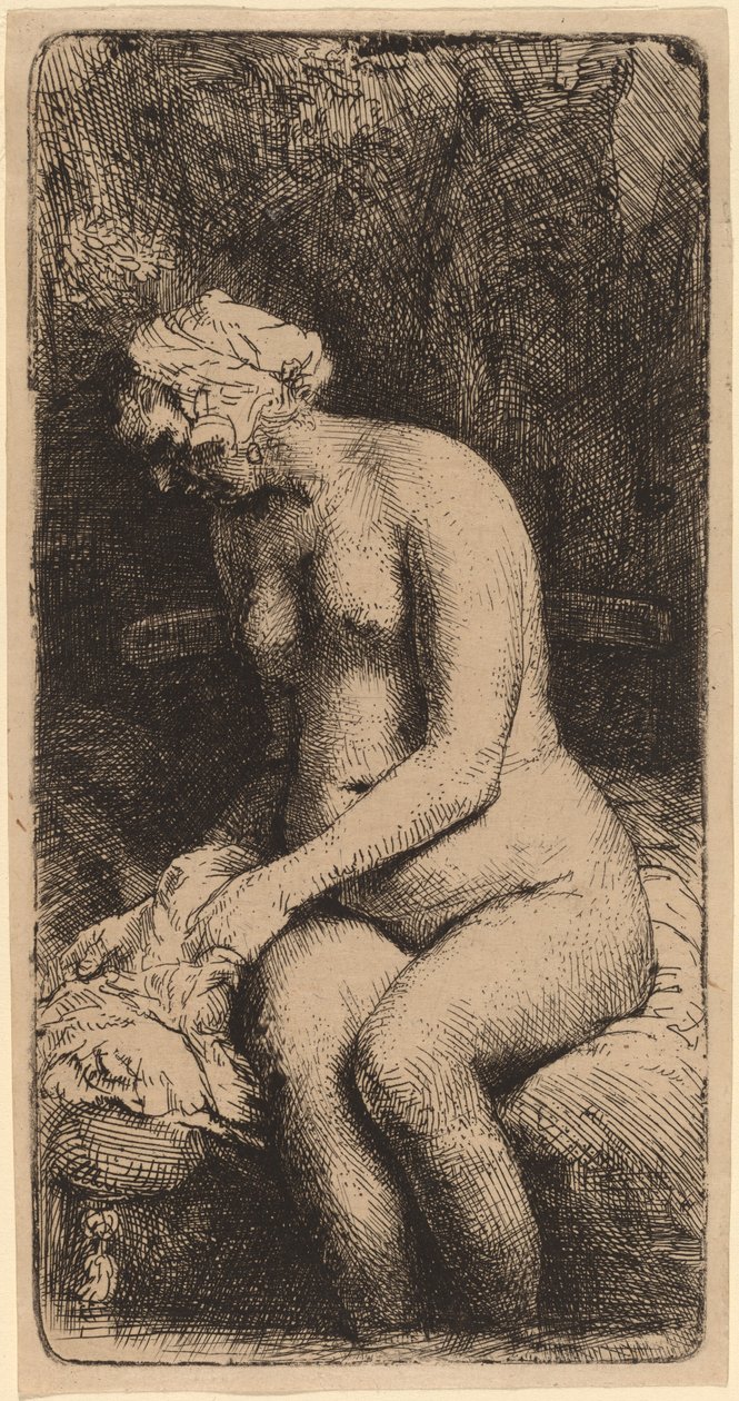 Nue Assise sur un Banc avec un Oreiller (Femme se Baignant les Pieds à un Ruisseau) - Rembrandt van Rijn