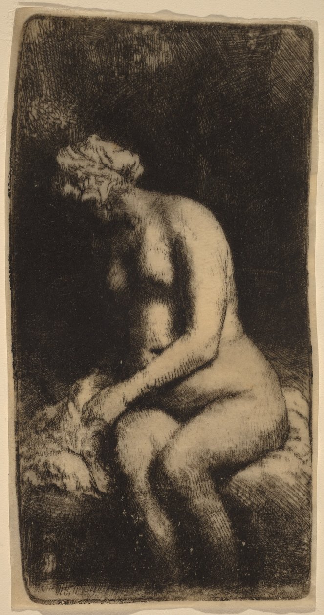 Nu assis sur un banc avec un coussin (Femme se lavant les pieds dans un ruisseau) - Rembrandt van Rijn