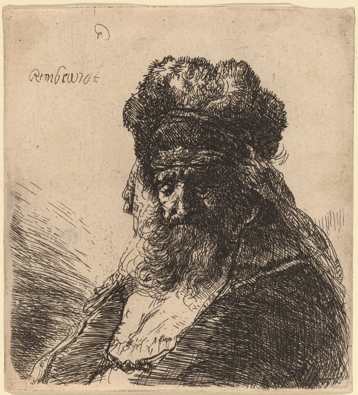 Vieil homme barbu avec un bonnet de fourrure, les yeux fermés - Rembrandt van Rijn