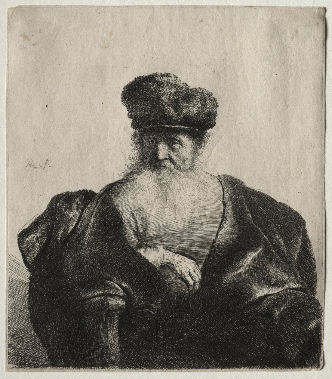 Vieil homme avec barbe, bonnet de fourrure et manteau de velours - Rembrandt van Rijn