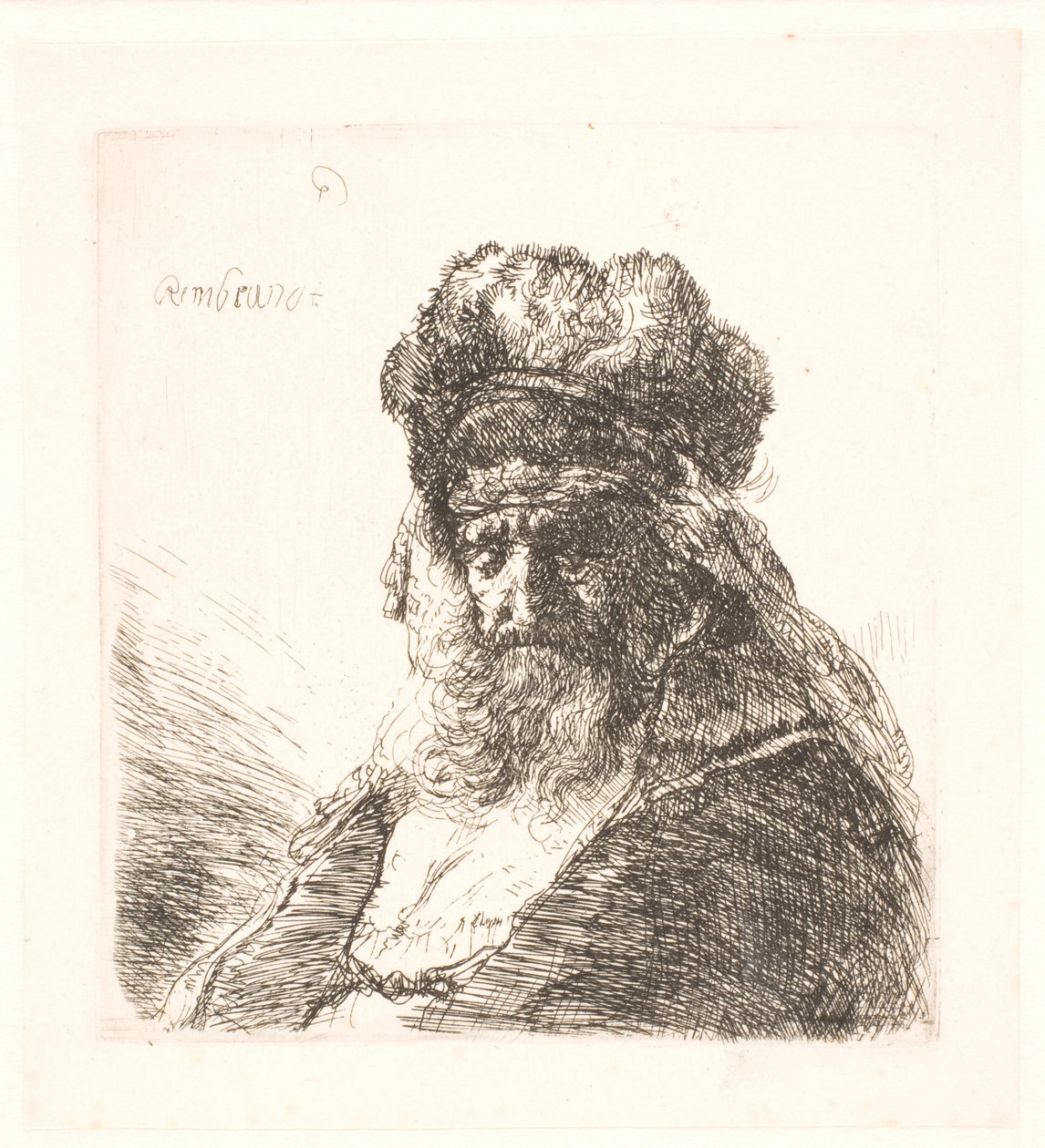 Vieil homme barbu avec un bonnet de fourrure haut, les yeux fermés - Rembrandt van Rijn