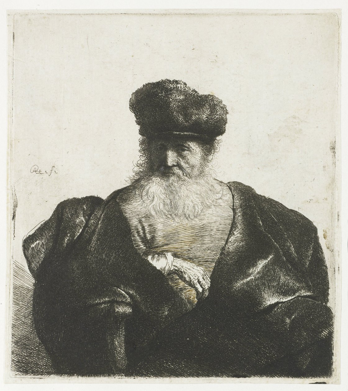 Vieil homme avec barbe, bonnet de fourrure et manteau de velours - Rembrandt van Rijn