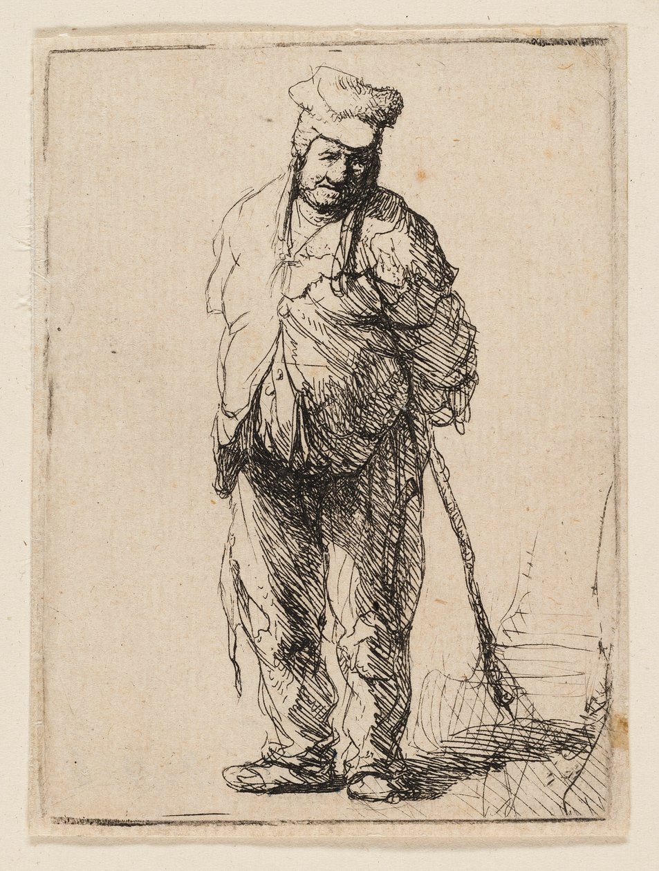 Paysan en haillons avec les mains derrière le dos, tenant un bâton - Rembrandt van Rijn