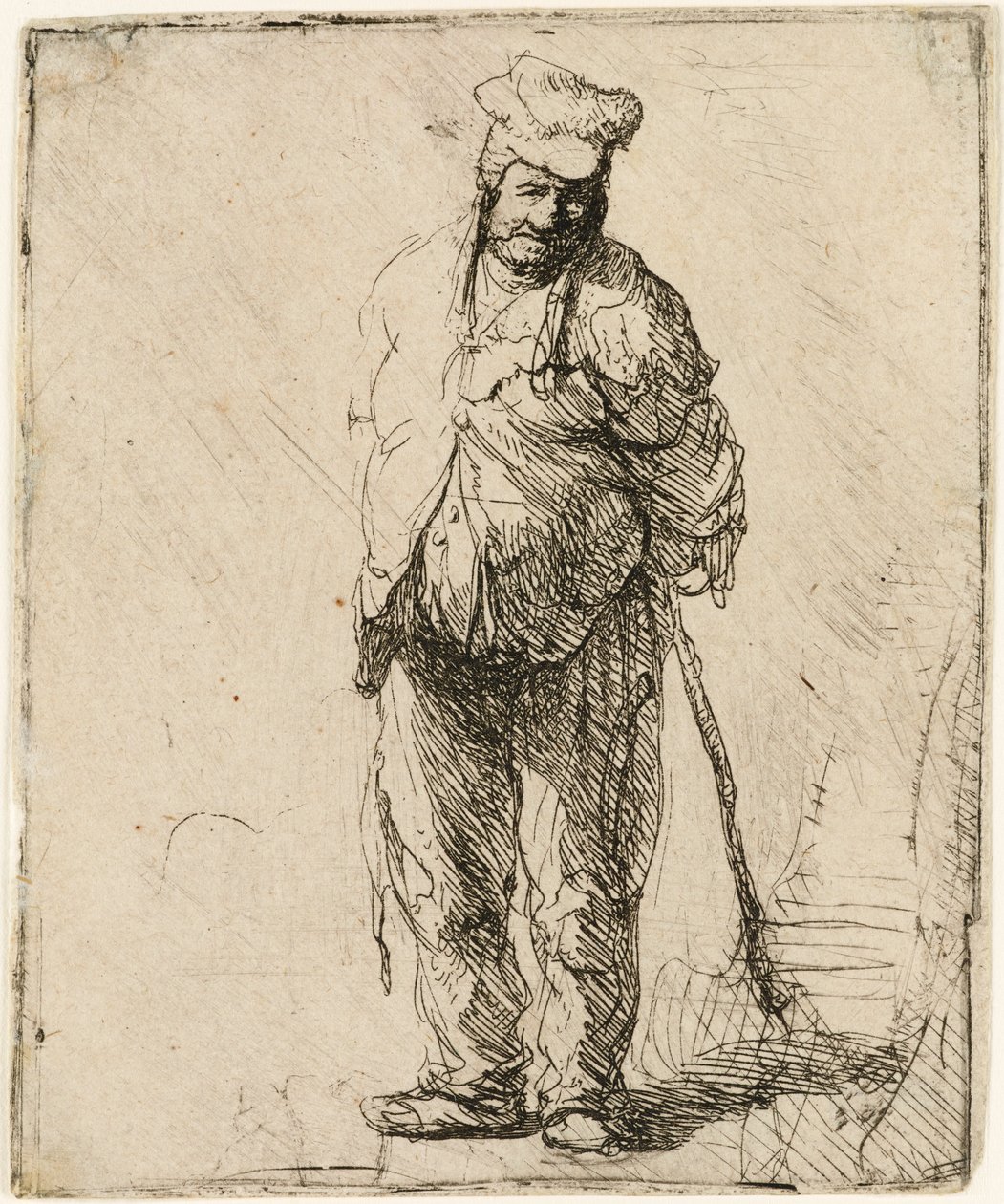 Paysan en haillons avec les mains derrière lui, tenant un bâton, vers 1630 - Rembrandt van Rijn
