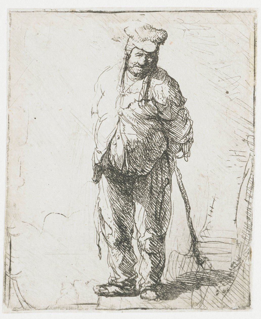 Paysan en haillons, les mains derrière le dos, tenant un bâton - Rembrandt van Rijn