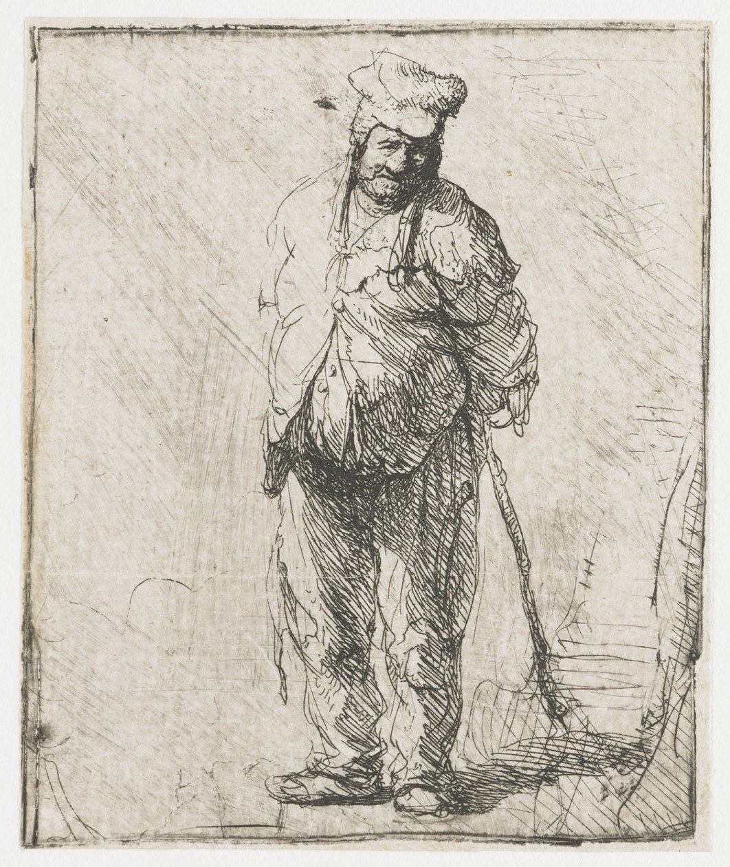 Paysan en haillons, les mains derrière le dos, tenant un bâton - Rembrandt van Rijn