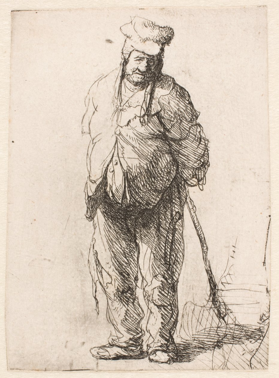 Paysan en haillons, les mains derrière le dos, tenant un bâton - Rembrandt van Rijn