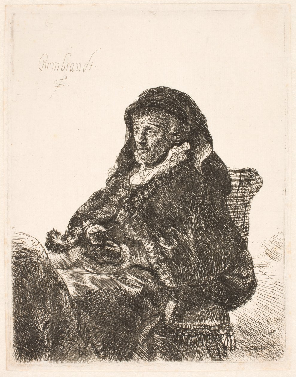 La mère de Rembrandt en robe de veuve et gants noirs - Rembrandt van Rijn