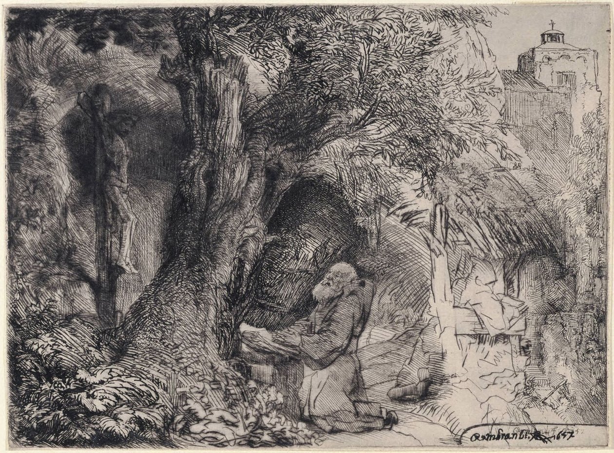 Saint François priant sous un arbre - Rembrandt van Rijn