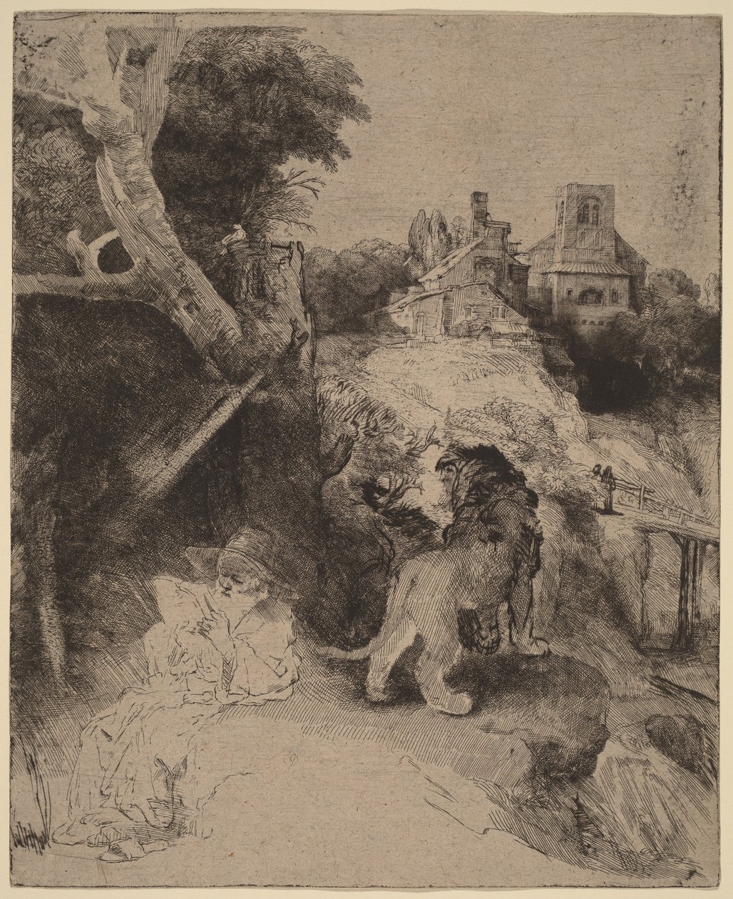 Saint Jérôme lisant dans un paysage italien - Rembrandt van Rijn
