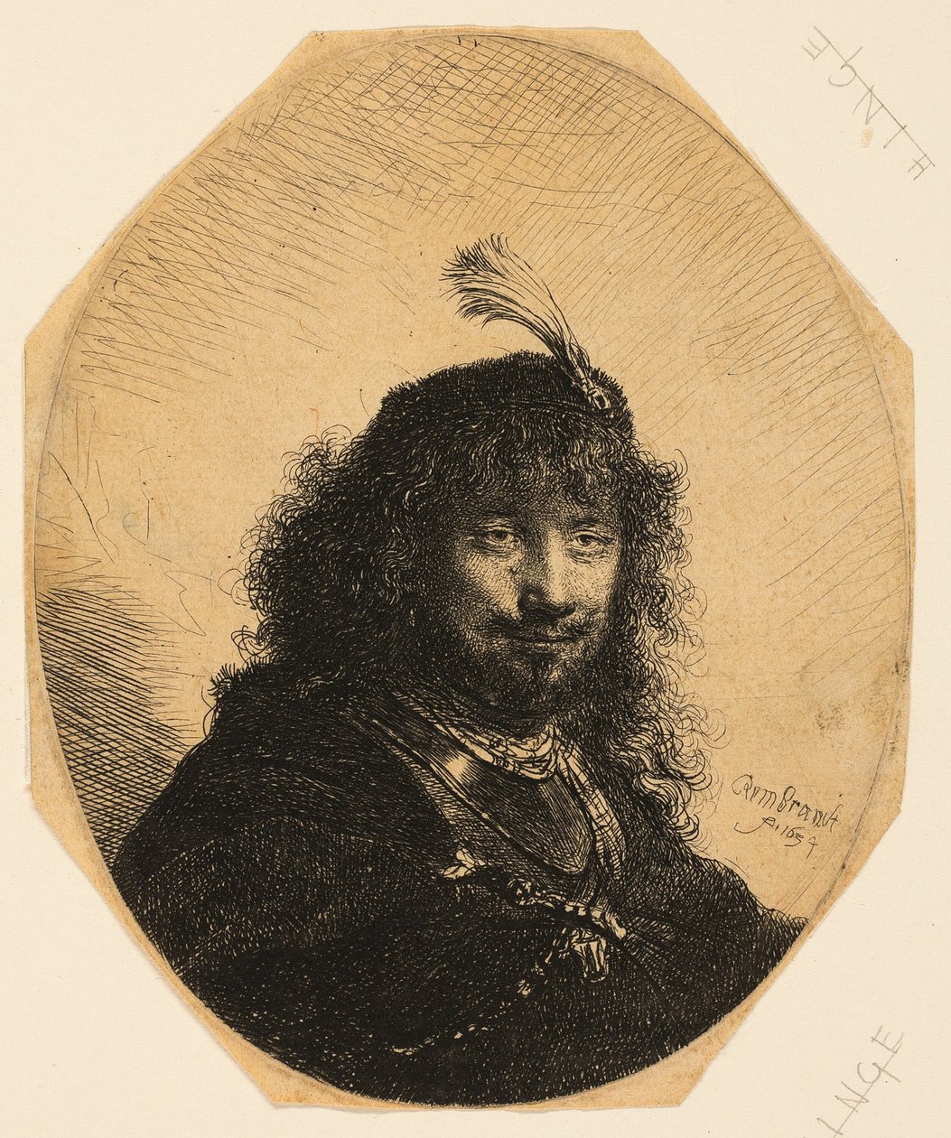 Autoportrait (?) avec chapeau à plumes et sabre abaissé - Rembrandt van Rijn