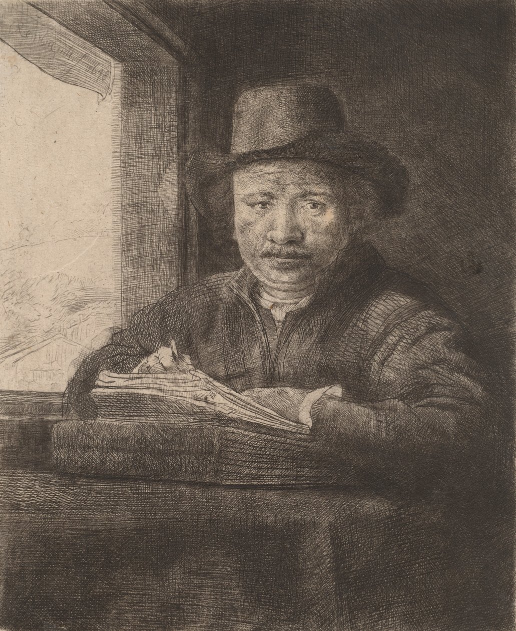 Autoportrait dessinant à une fenêtre - Rembrandt van Rijn