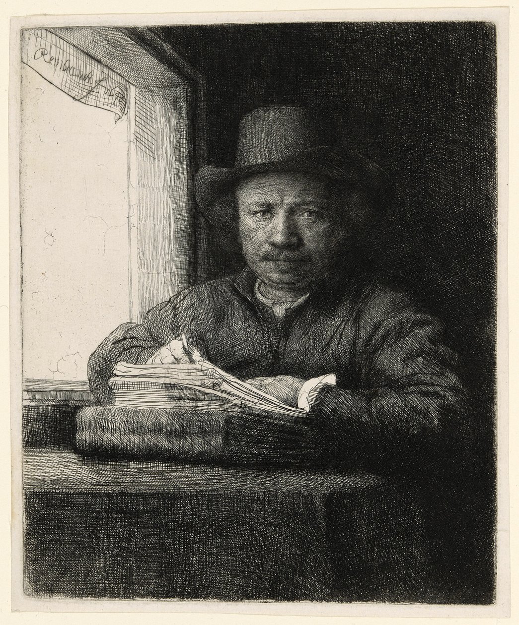 Autoportrait gravure à une fenêtre - Rembrandt van Rijn