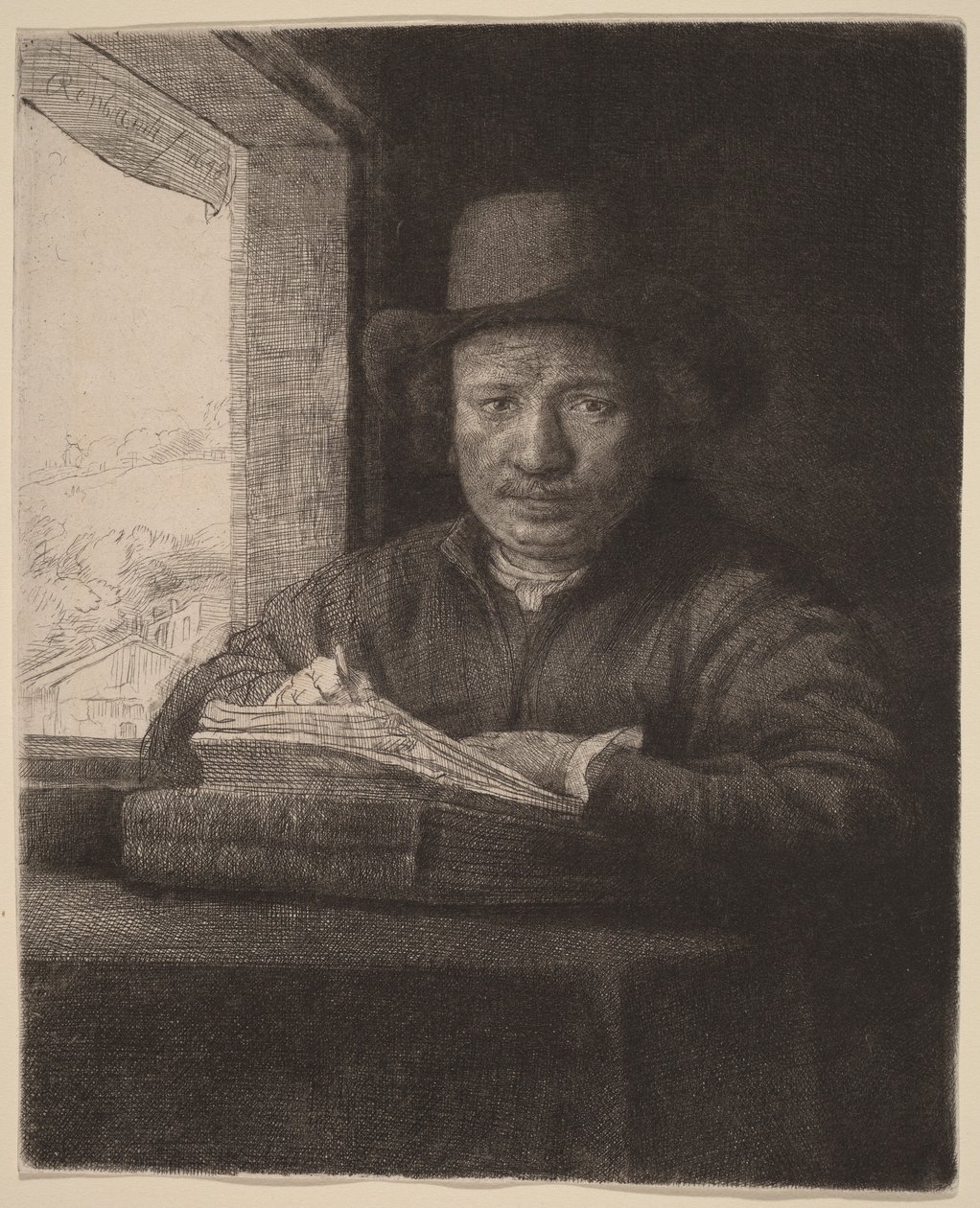 Autoportrait : gravure devant une fenêtre - Rembrandt van Rijn