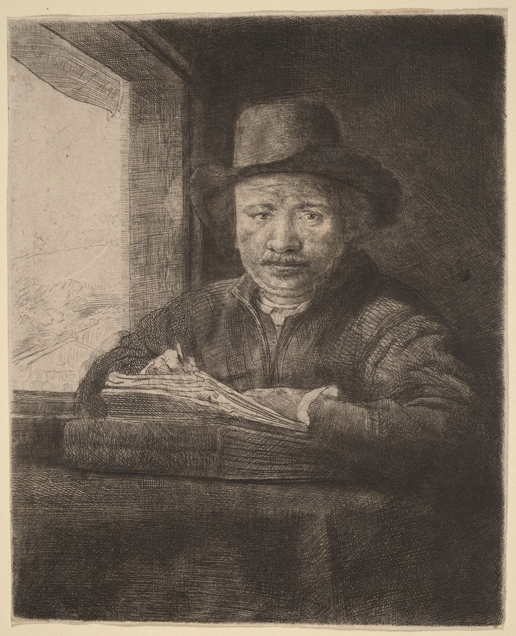 Autoportrait : gravure devant une fenêtre - Rembrandt van Rijn