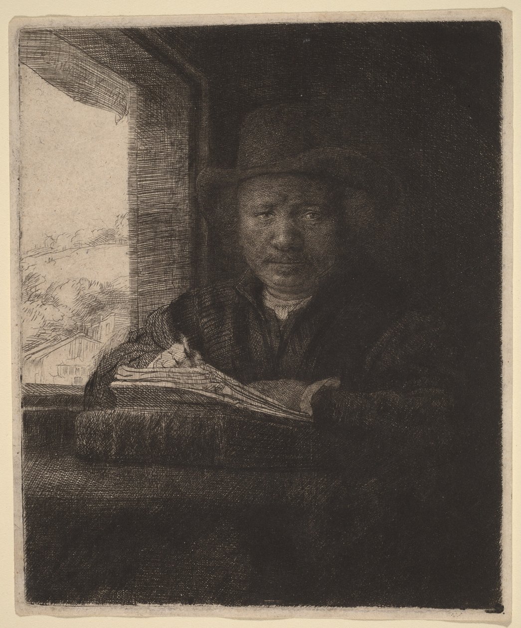 Autoportrait : gravure devant une fenêtre - Rembrandt van Rijn