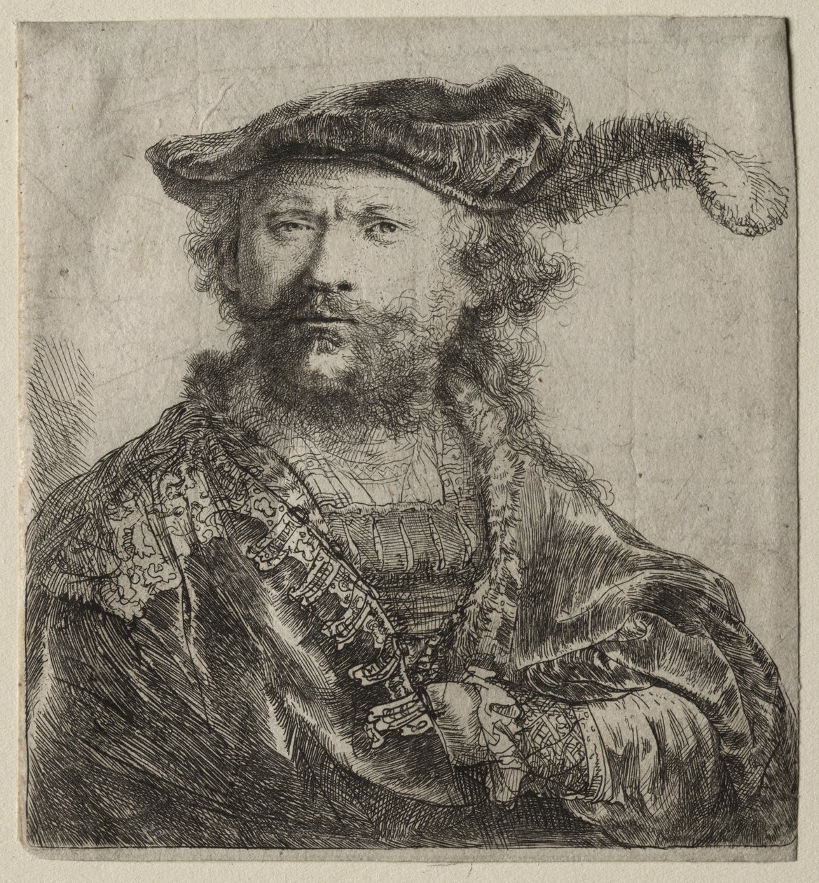 Autoportrait en bonnet de velours avec plume - Rembrandt van Rijn