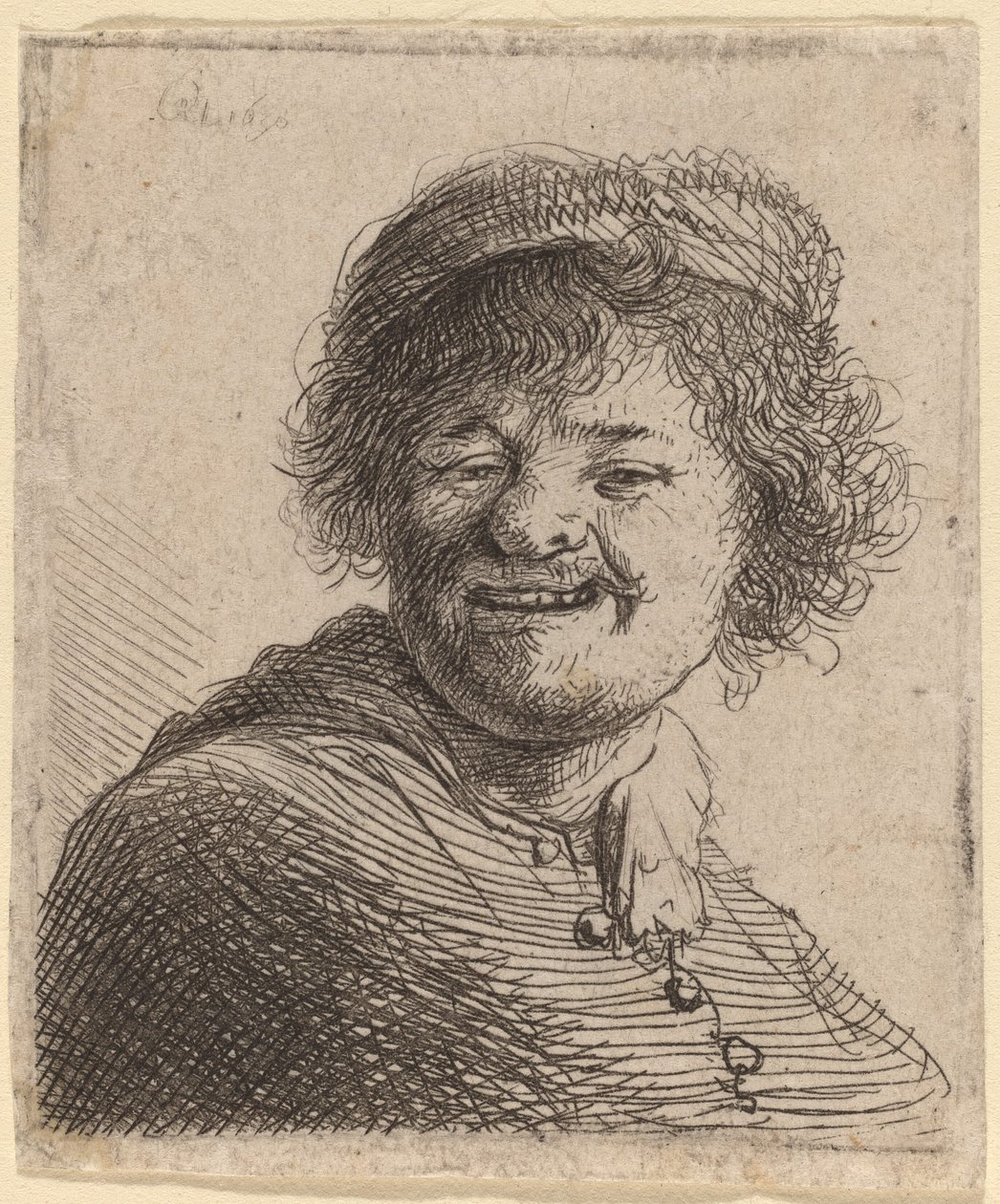 Autoportrait avec un bonnet : Riant - Rembrandt van Rijn