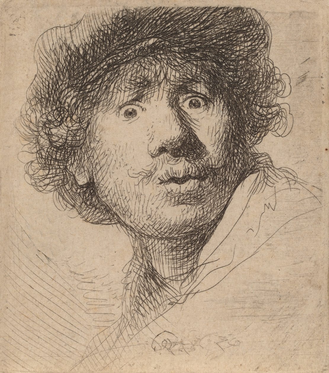 Autoportrait en casquette, bouche ouverte, 1630 - Rembrandt van Rijn