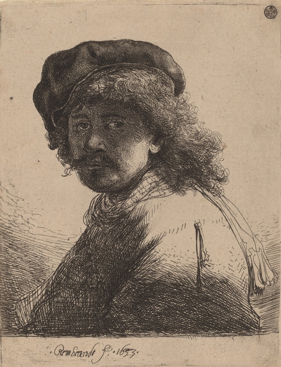 Autoportrait en bonnet et écharpe avec le visage sombre - Rembrandt van Rijn