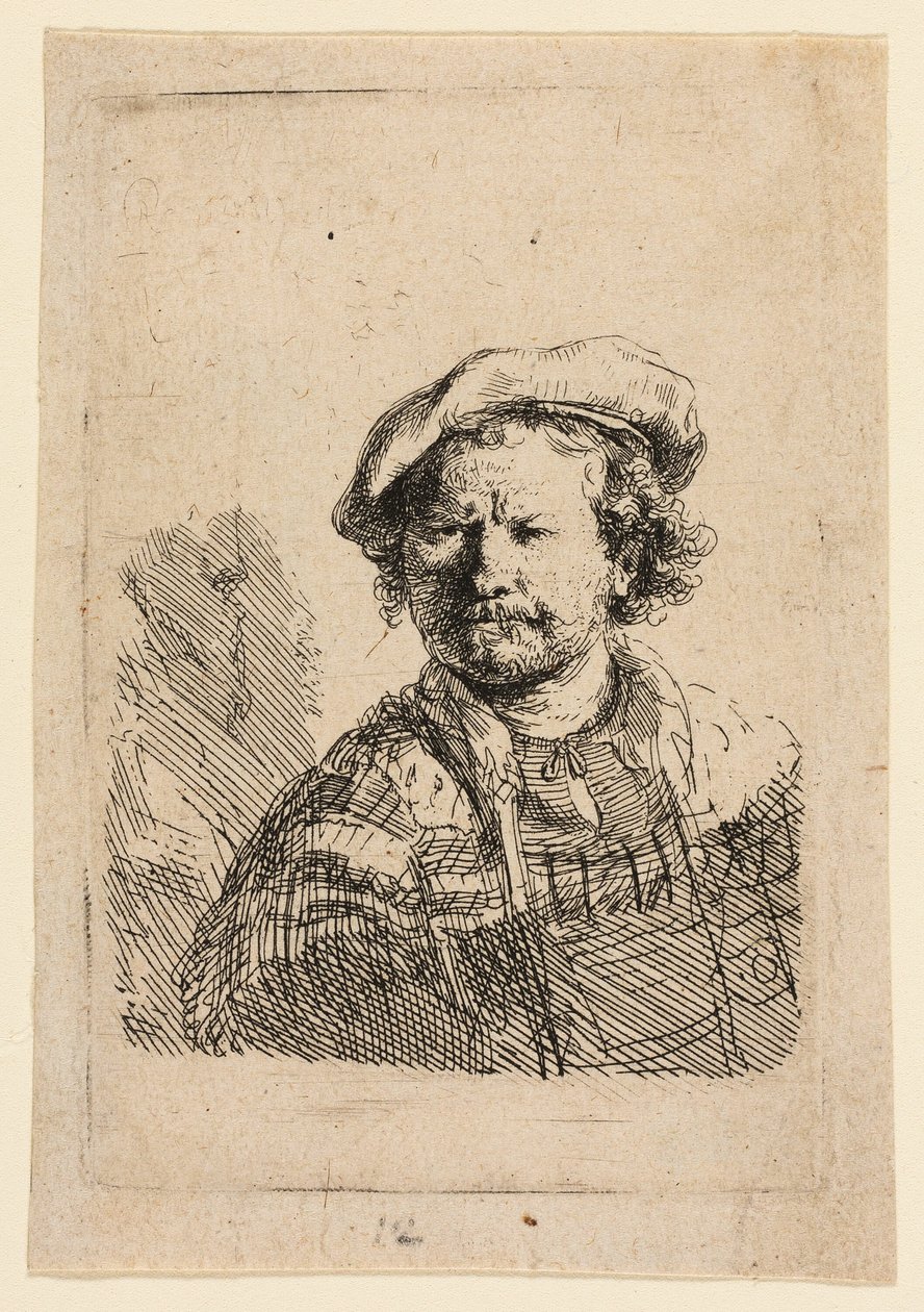Autoportrait avec une casquette plate et une robe brodée - Rembrandt van Rijn