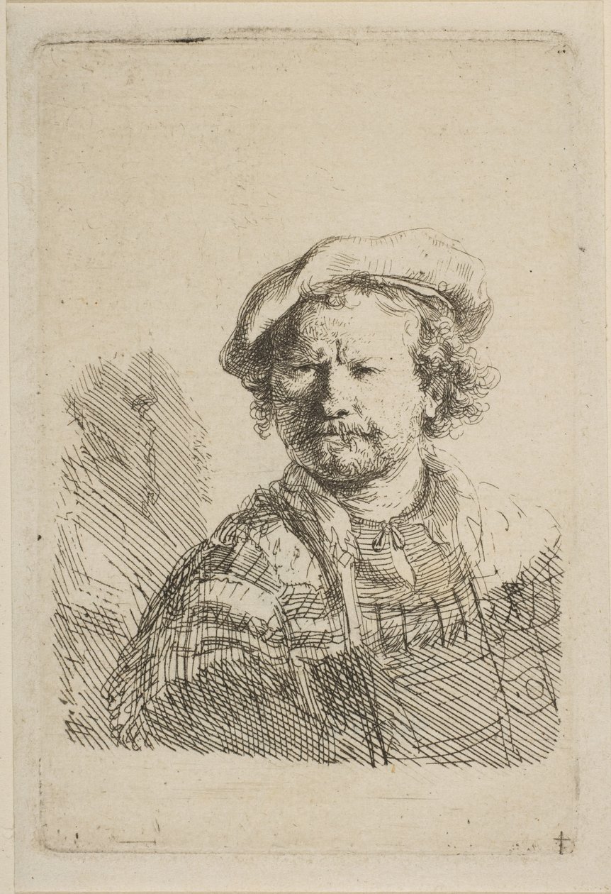 Autoportrait avec une casquette plate et une robe brodée - Rembrandt van Rijn