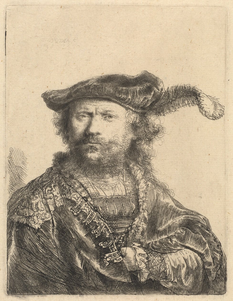 Autoportrait avec un bonnet de velours et une plume - Rembrandt van Rijn