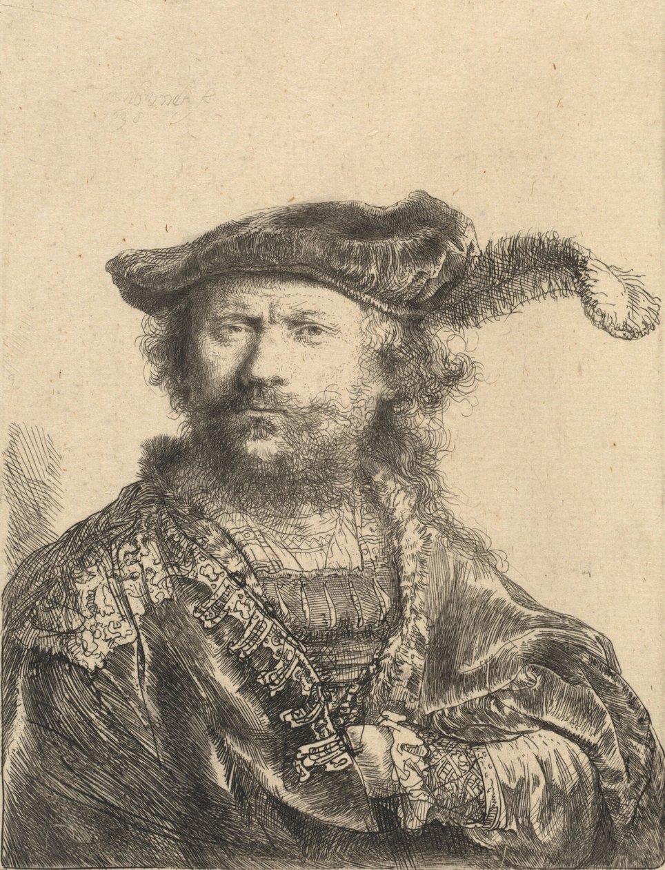 Autoportrait avec un bonnet de velours et une plume - Rembrandt van Rijn