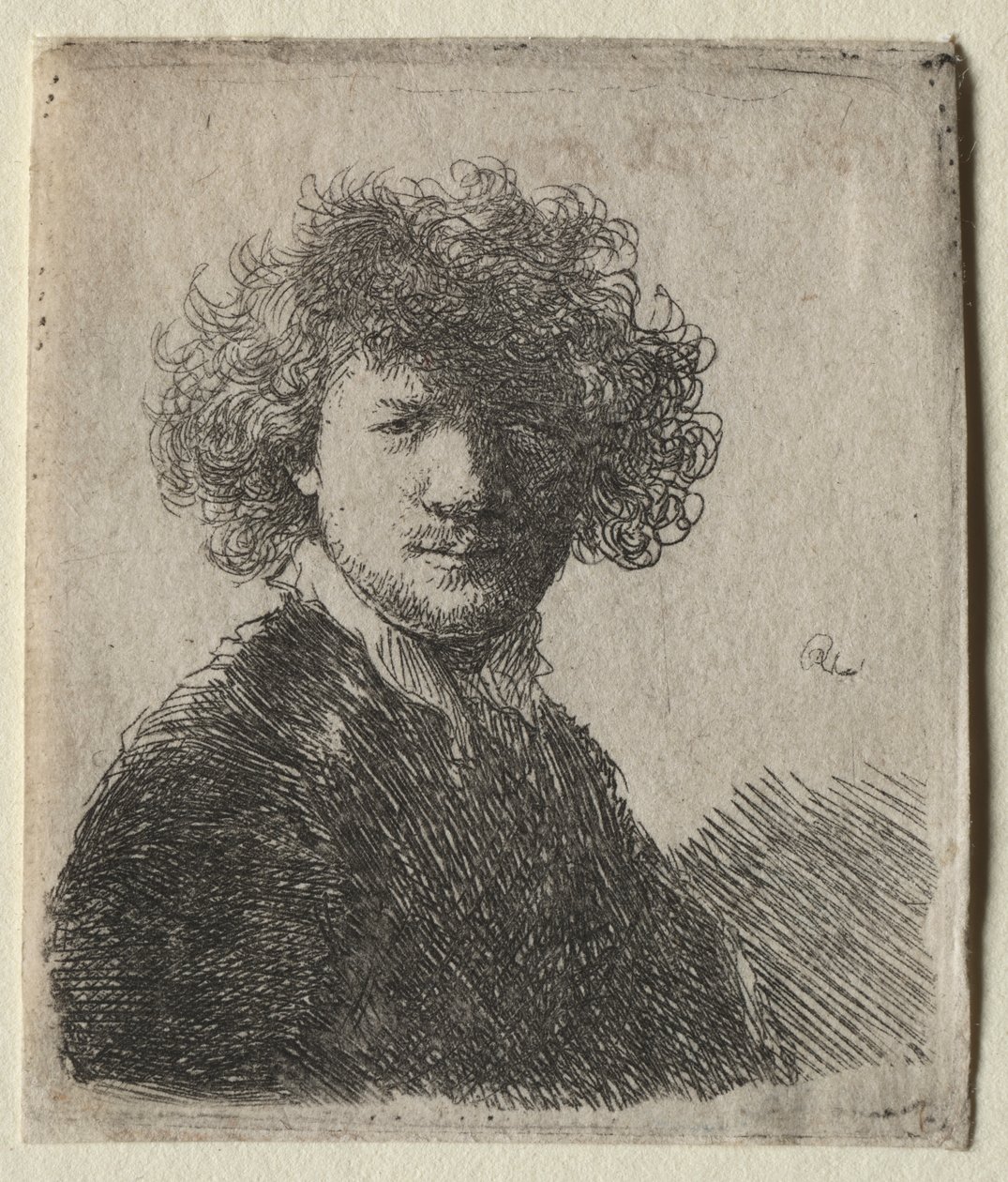 Autoportrait avec cheveux bouclés et col blanc : Buste - Rembrandt van Rijn