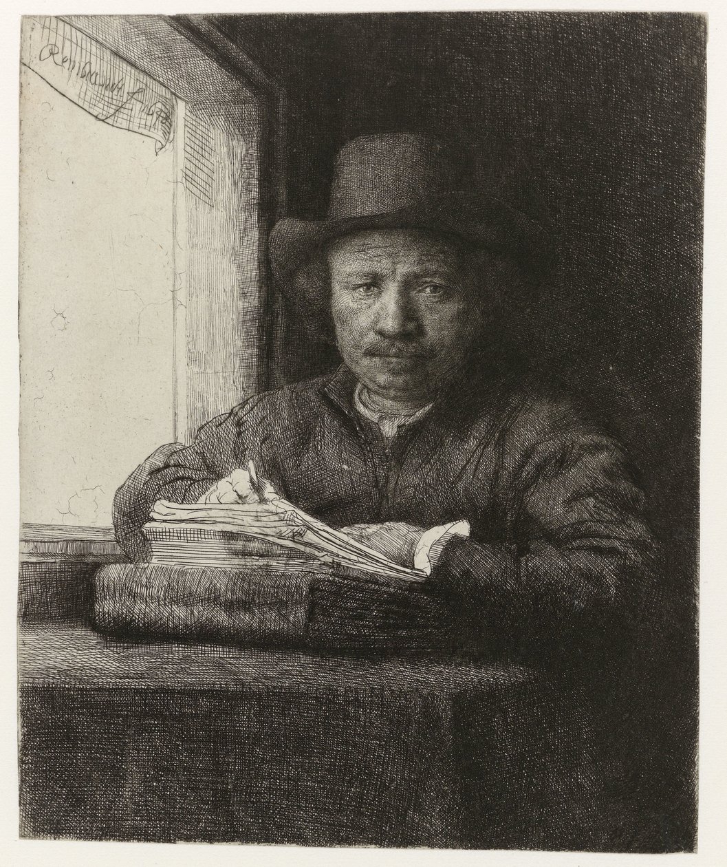 Autoportrait, gravure à une fenêtre - Rembrandt van Rijn