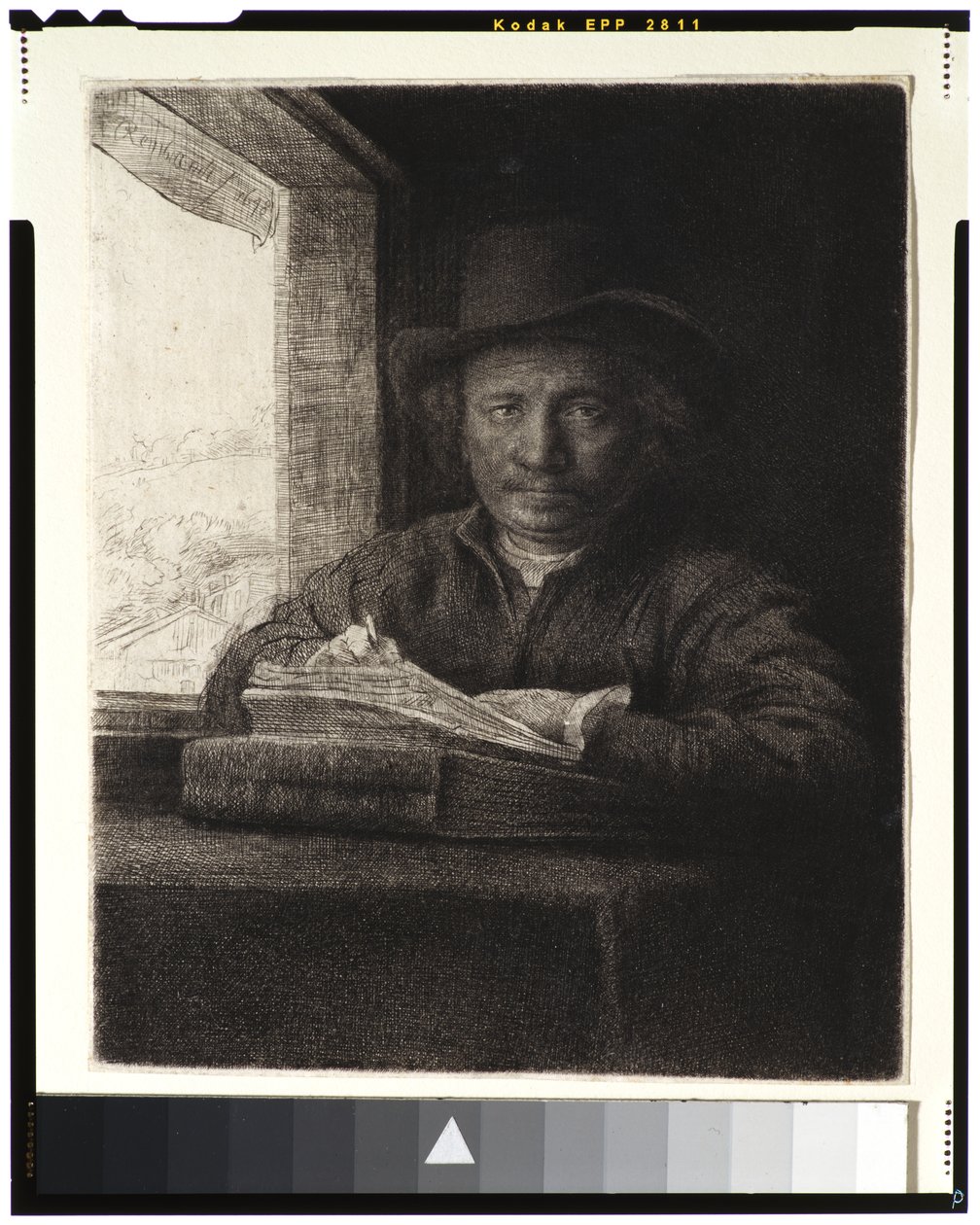 Autoportrait, gravure à une fenêtre, 1648 - Rembrandt van Rijn