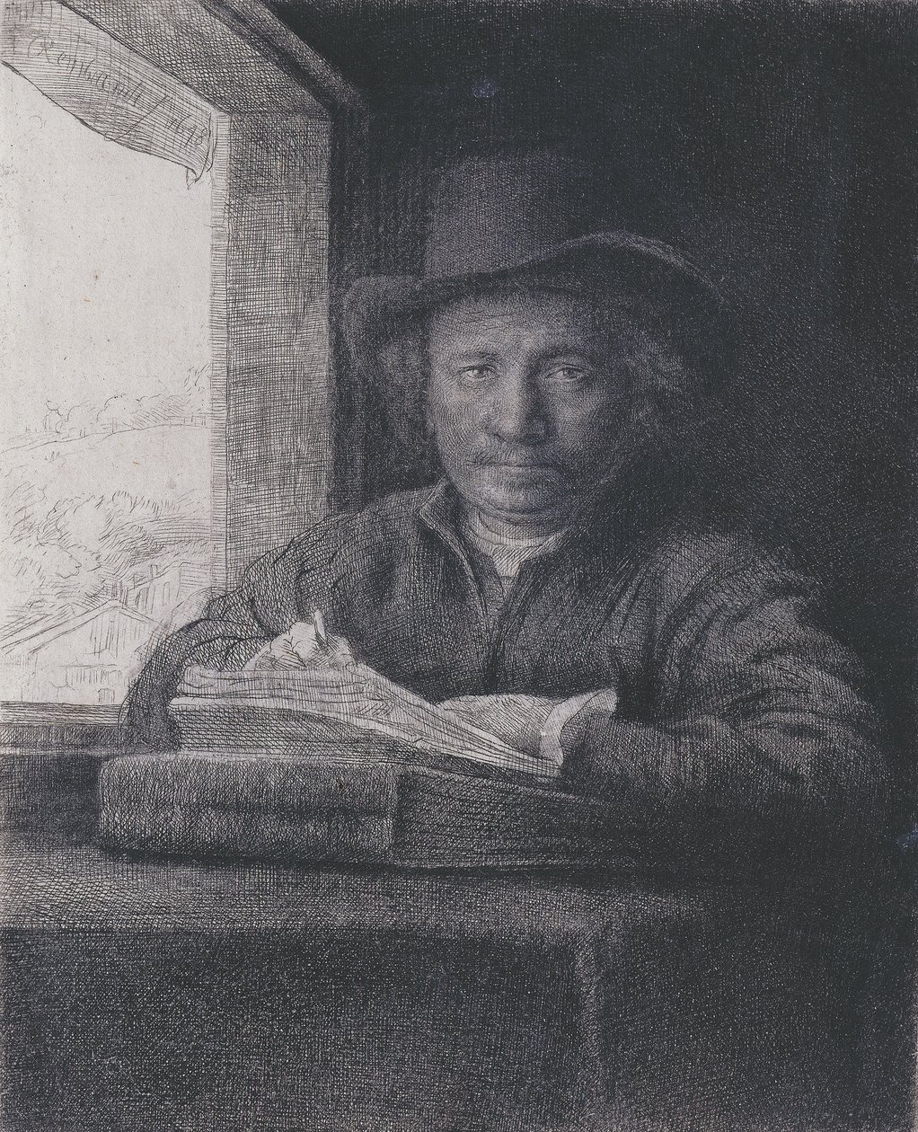 Autoportrait, gravure à une fenêtre, 1648 (gravure sur papier vergé) - Rembrandt van Rijn