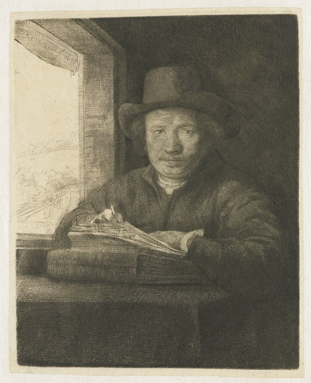 Autoportrait gravure à une fenêtre - Rembrandt van Rijn