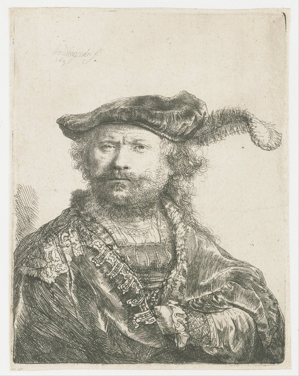 Autoportrait avec un bonnet de velours et une plume - Rembrandt van Rijn