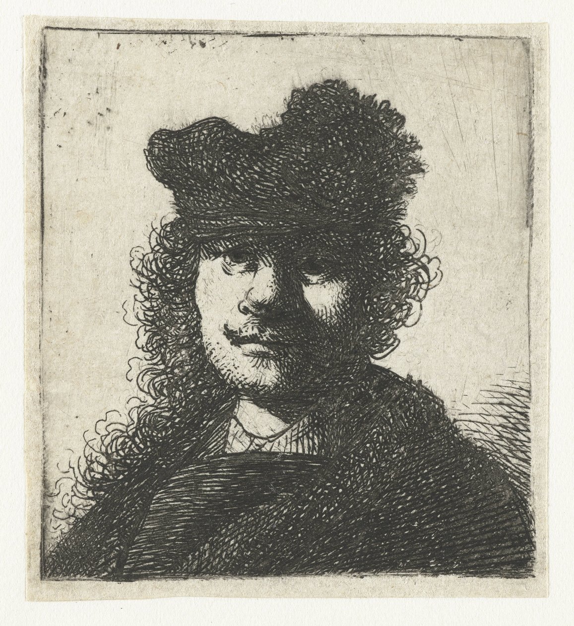 Autoportrait avec un bonnet et une cape sombre : buste - Rembrandt van Rijn