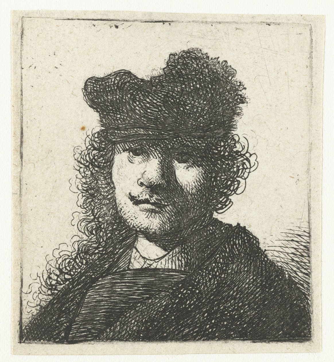 Autoportrait avec un bonnet et une cape sombre : buste - Rembrandt van Rijn