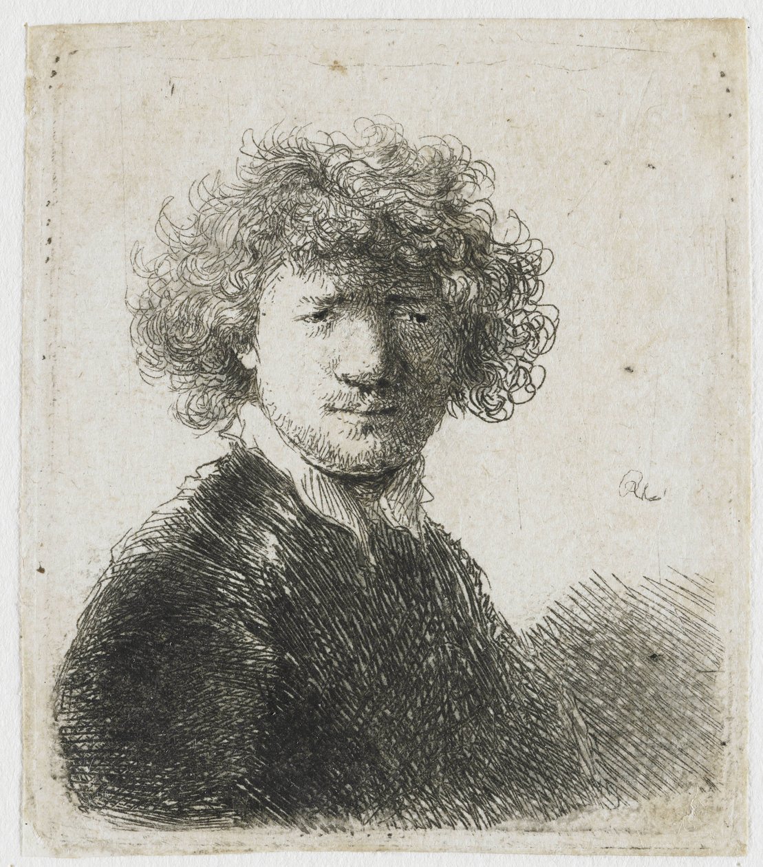 Autoportrait avec cheveux bouclés et col blanc : buste - Rembrandt van Rijn