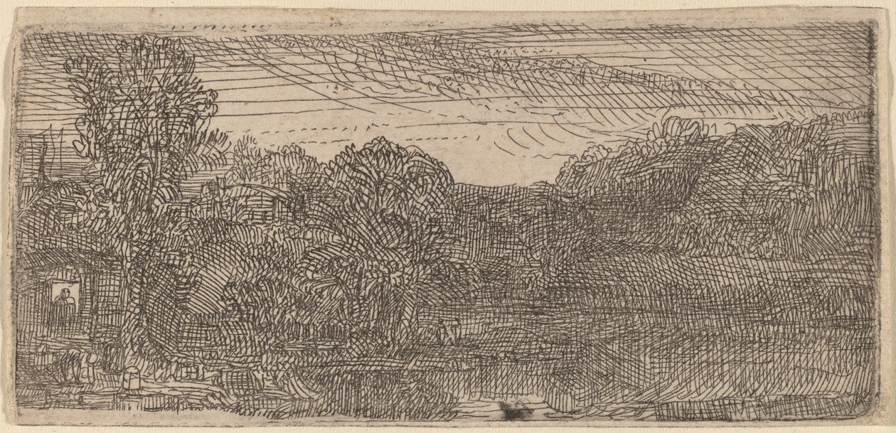 Petit paysage gris : une maison et des arbres près d