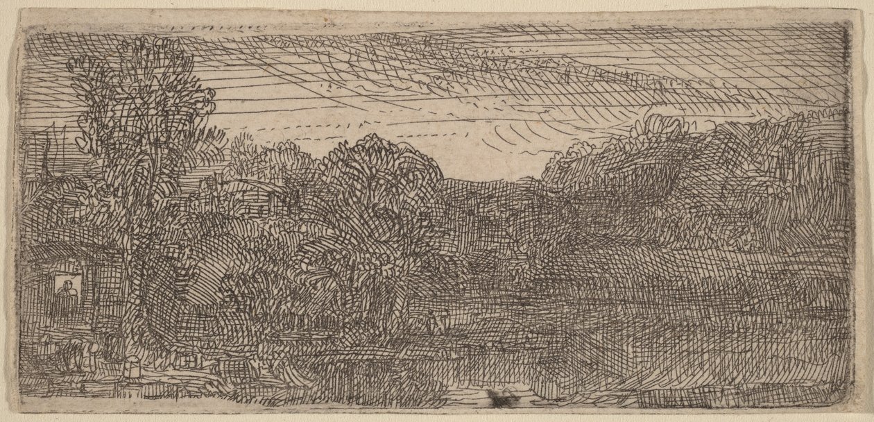 Petit paysage gris : une maison et des arbres au bord d