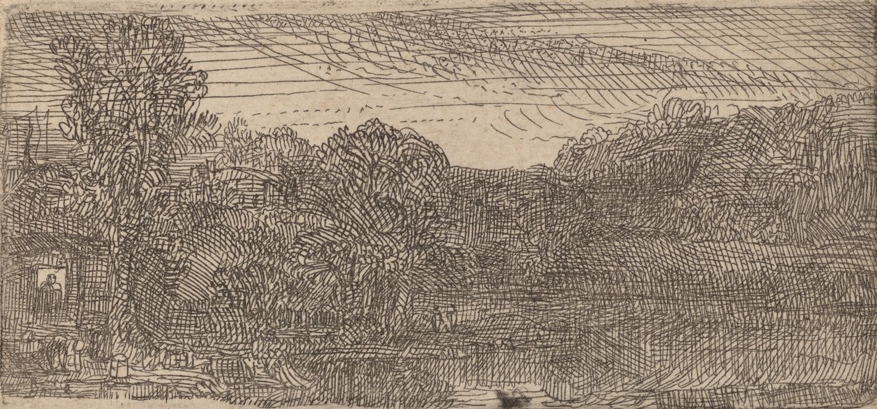 Petit paysage gris: une maison et des arbres près d