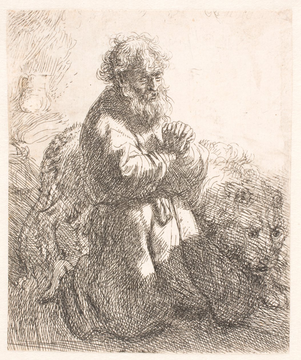 Saint Jérôme à genoux en prière, regardant vers le bas - Rembrandt van Rijn