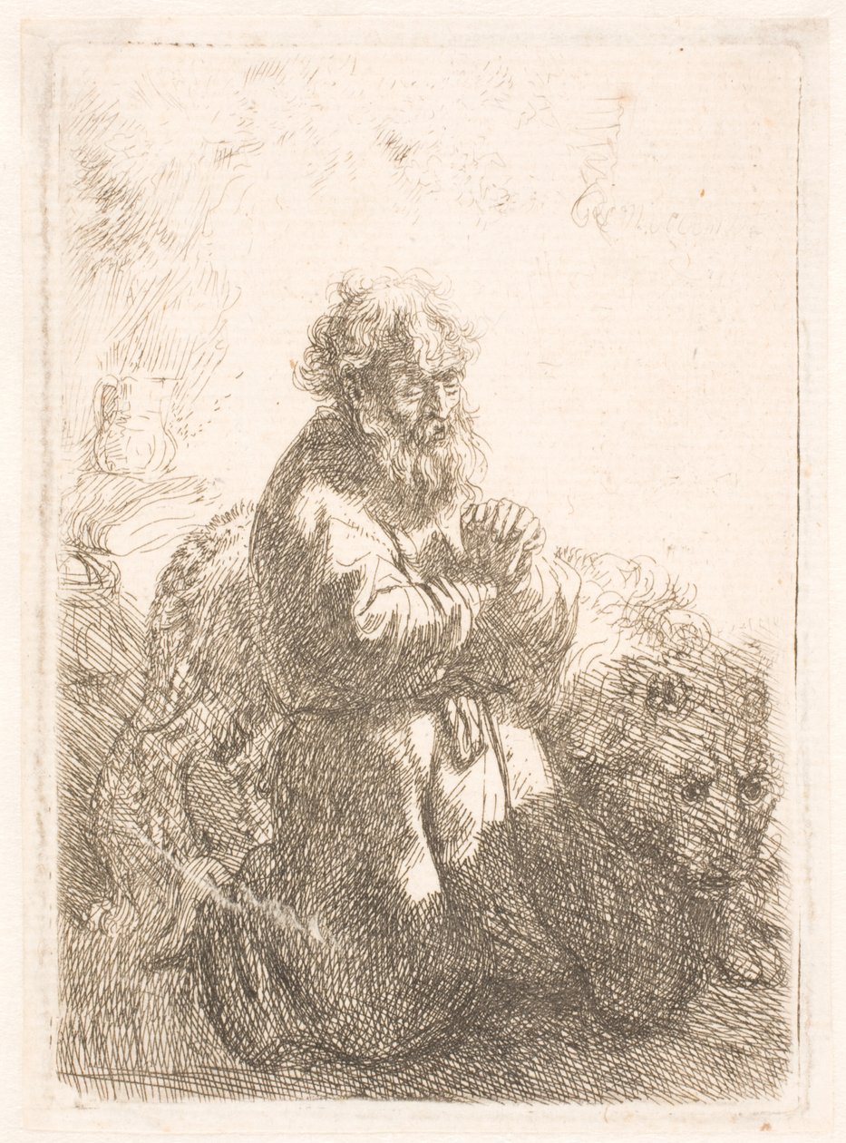 Saint Jérôme à genoux en prière, regardant vers le bas - Rembrandt van Rijn