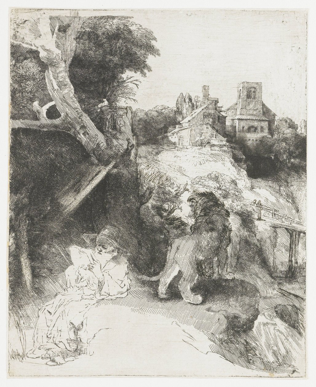 Saint Jérôme lisant dans un paysage italien - Rembrandt van Rijn