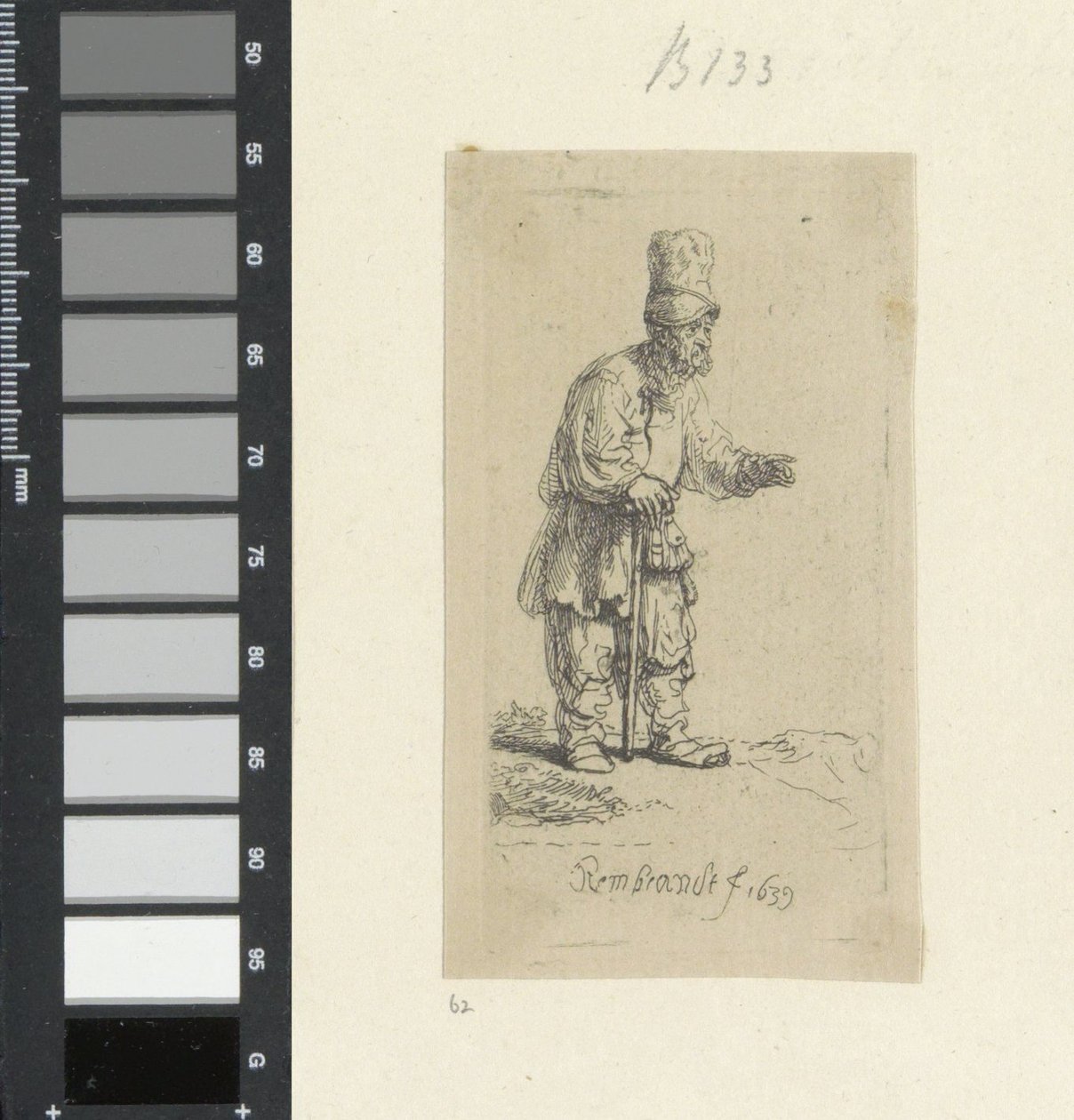 Paysans debout avec un grand chapeau, appuyé sur un bâton - Rembrandt van Rijn