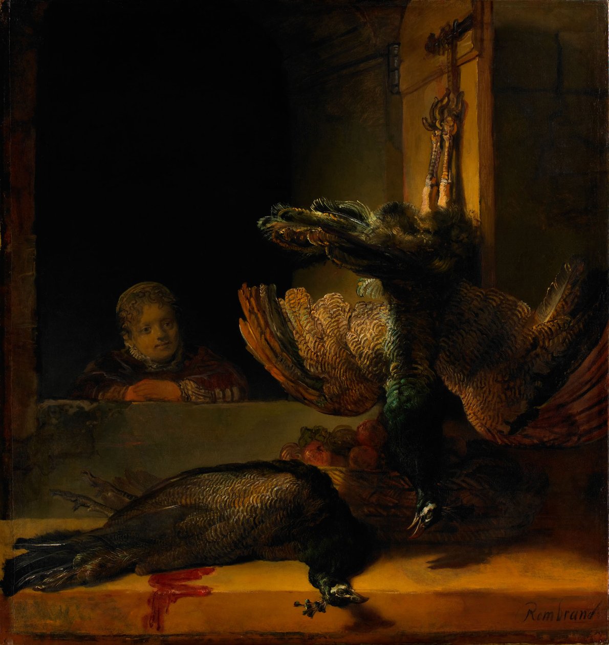 Nature morte avec deux paons et une fille, vers 1639 - Rembrandt van Rijn
