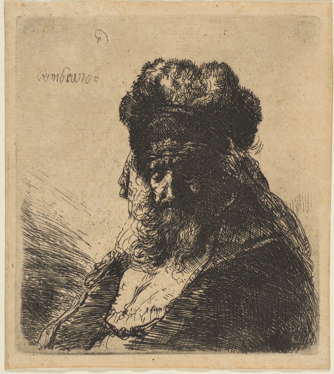 Le vieil homme barbu avec un bonnet de fourrure, les yeux fermés - Rembrandt van Rijn