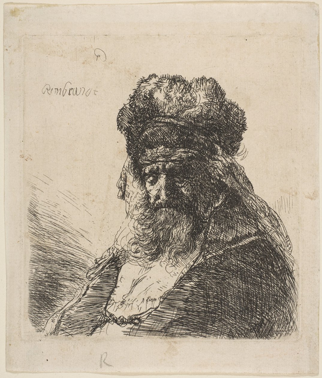 Le Vieil Homme Barbu avec un Bonnet de Fourrure, les Yeux Fermés - Rembrandt van Rijn