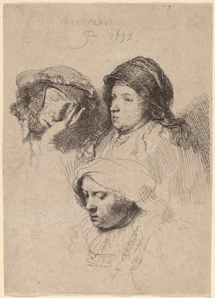 Trois têtes de femmes, une endormie - Rembrandt van Rijn