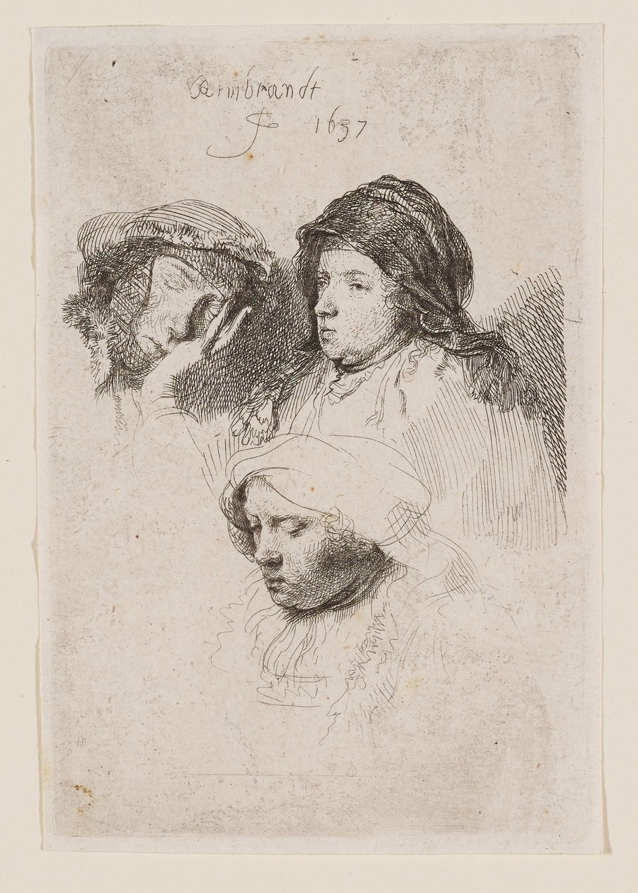 Trois têtes de femmes, dont une endormie - Rembrandt van Rijn