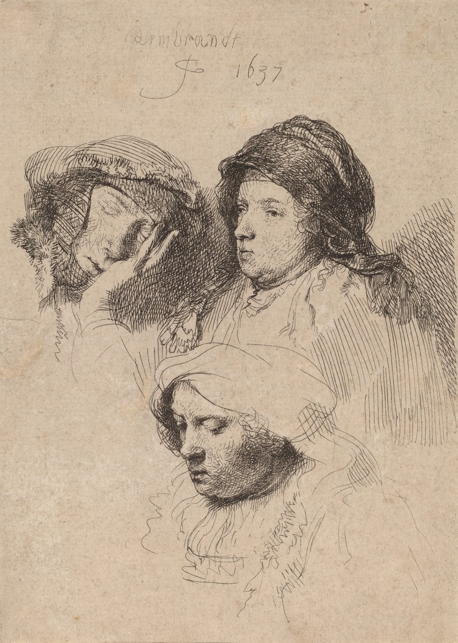 Trois têtes de femmes, une endormie - Rembrandt van Rijn